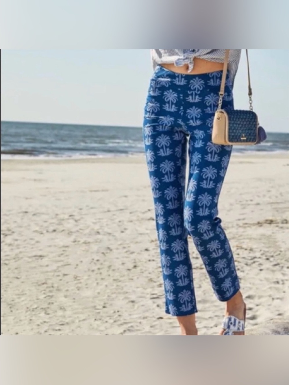 SPARTINA 449 Maren Pull On Pants Blue Palm Trees Tropical Pockets Size Small